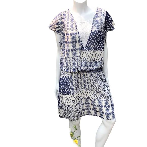 Bisou Bisou Geometric Print Lace V-Neck Dress Blue White Women's Size 14 - Picture 1 of 9